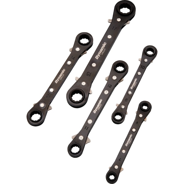 5Pcs Metric Dbl Box End, Reversible Ratcheting Wrench Set, Straight